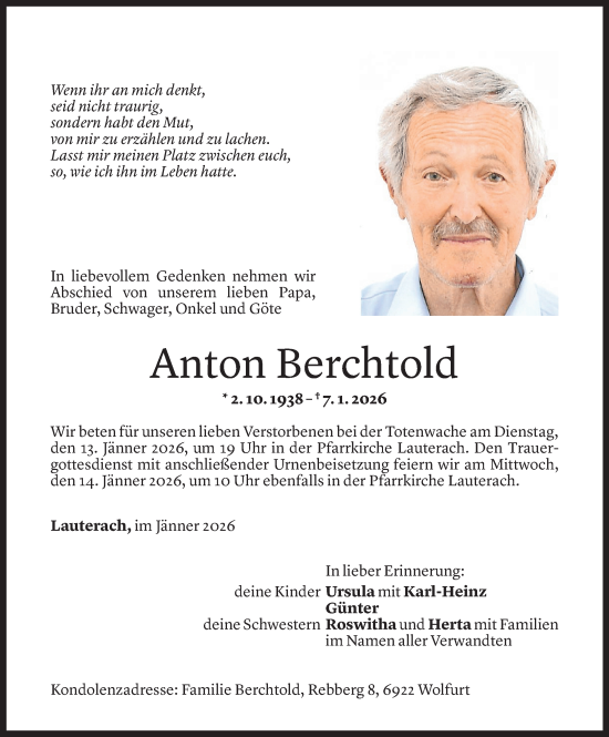 Todesanzeige von Anton Berchtold von Vorarlberger Nachrichten