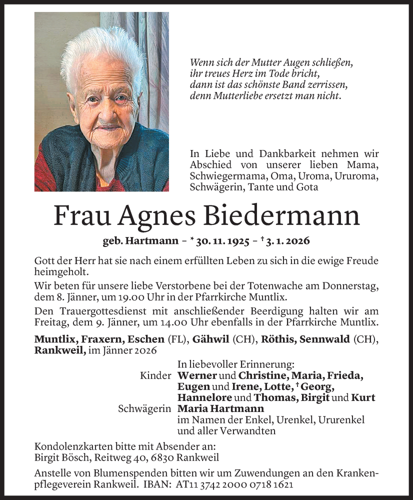  Todesanzeige für Agnes Biedermann vom 06.01.2026 aus VN