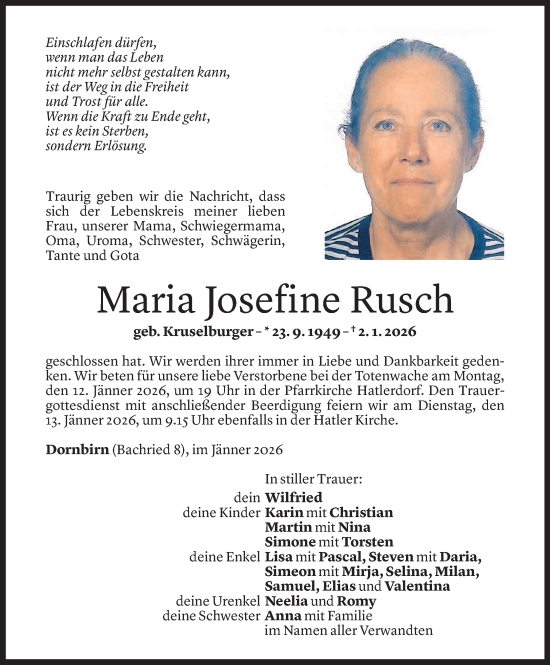Todesanzeige von Maria Josefine Rusch von Vorarlberger Nachrichten