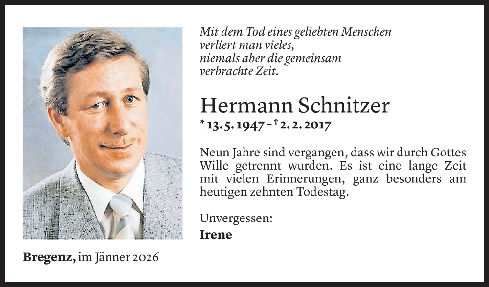  Todesanzeige für Hermann Schnitzer vom 31.01.2026 aus Vorarlberger Nachrichten