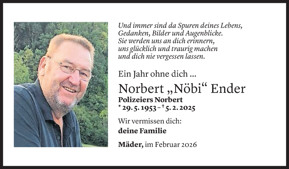  Todesanzeige für Norbert Ender vom 01.02.2026 aus Vorarlberger Nachrichten