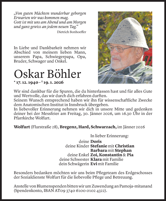Todesanzeige von Oskar Böhler von Vorarlberger Nachrichten