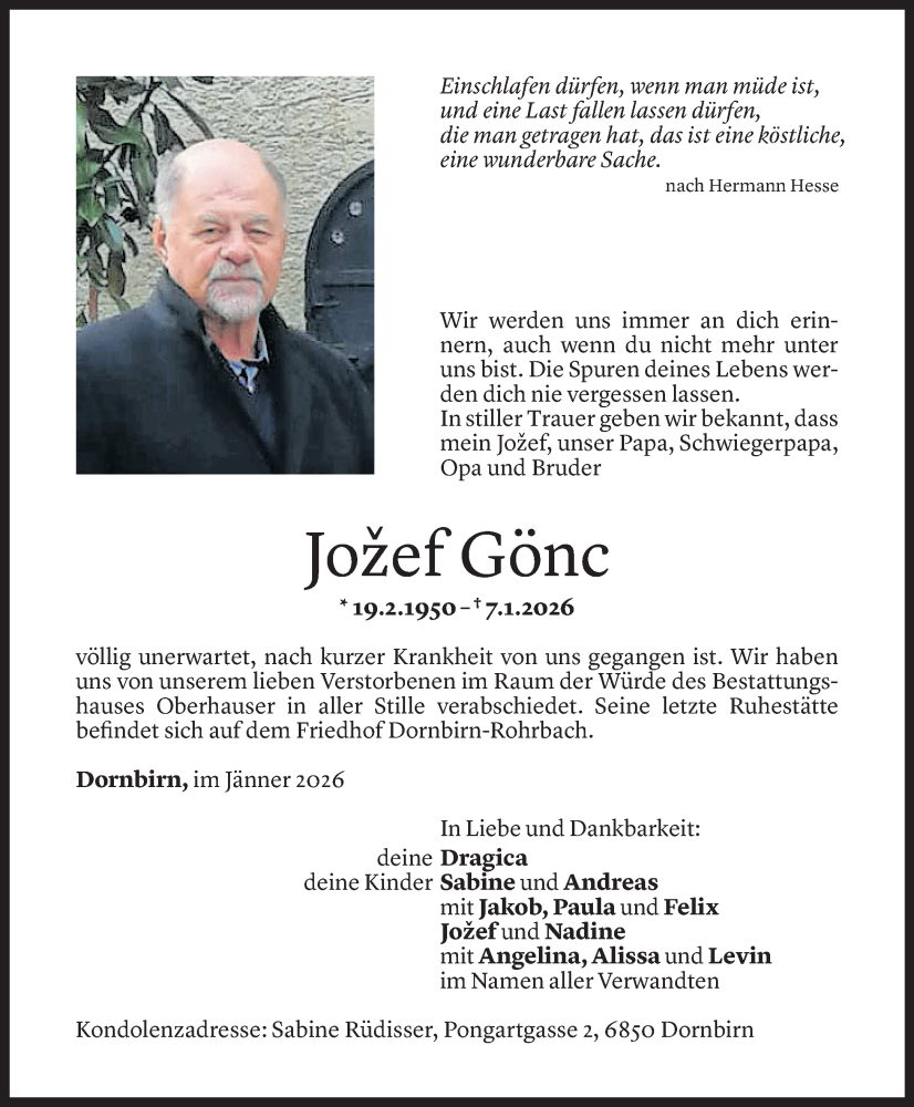  Todesanzeige für Jožef Gönc vom 24.01.2026 aus Vorarlberger Nachrichten