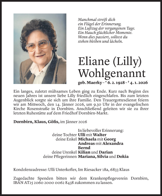 Todesanzeige von Eliane Wohlgenannt von Vorarlberger Nachrichten