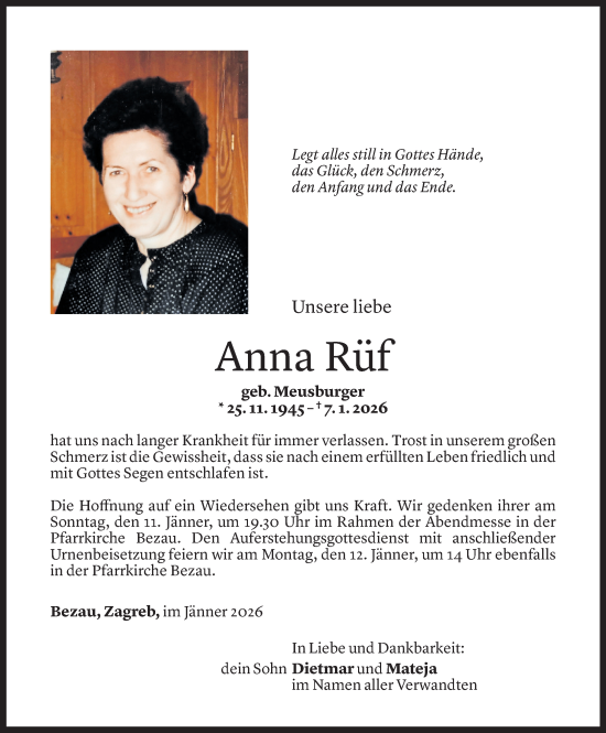 Todesanzeige von Anna Rüf von Vorarlberger Nachrichten