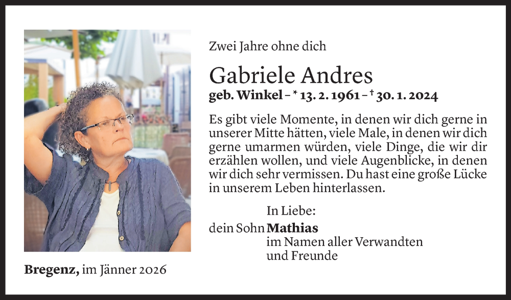  Todesanzeige für Gabriele Andres vom 29.01.2026 aus Vorarlberger Nachrichten