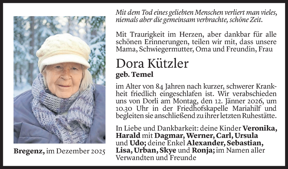  Todesanzeige für Dora Kützler vom 02.01.2026 aus Vorarlberger Nachrichten