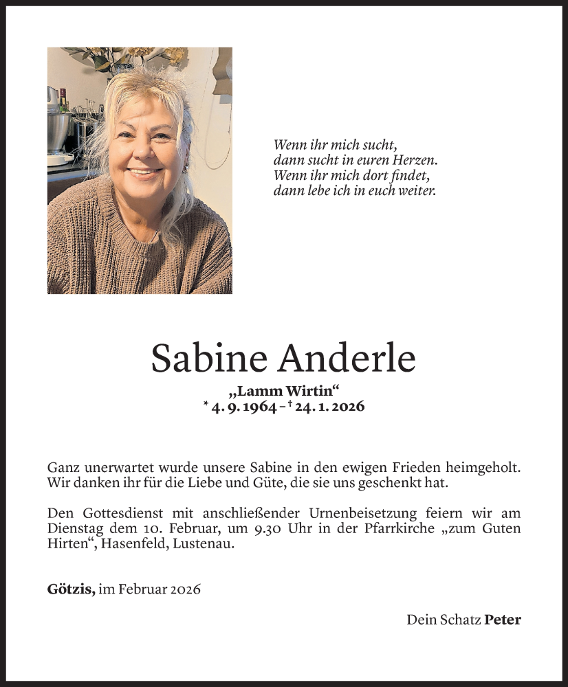  Todesanzeige für Sabine Anderle vom 06.02.2026 aus Vorarlberger Nachrichten