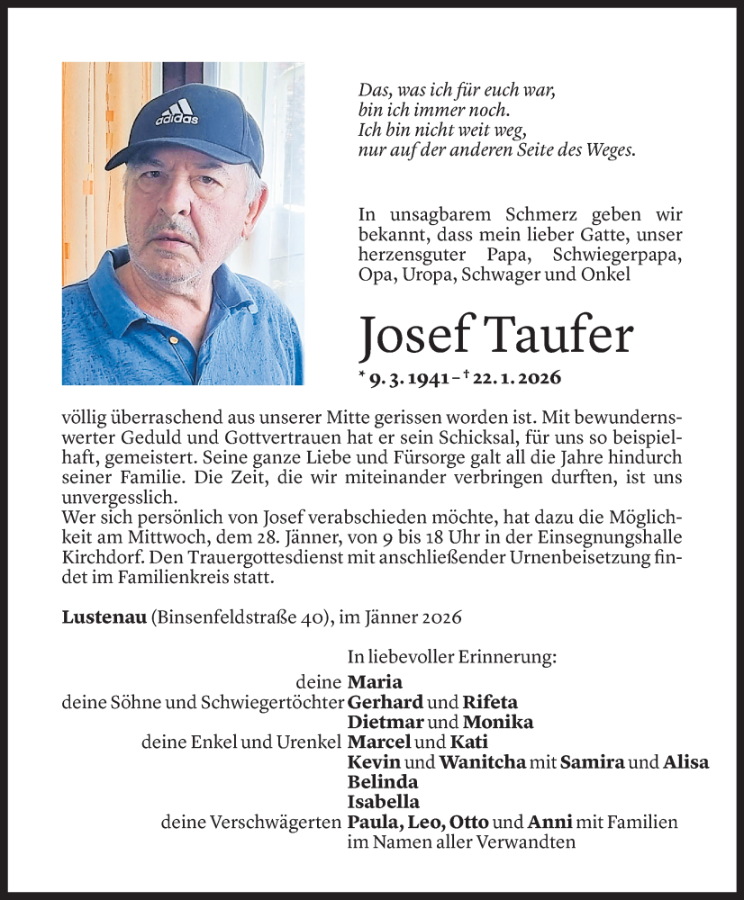  Todesanzeige für Josef Taufer vom 26.01.2026 aus Vorarlberger nachrichten