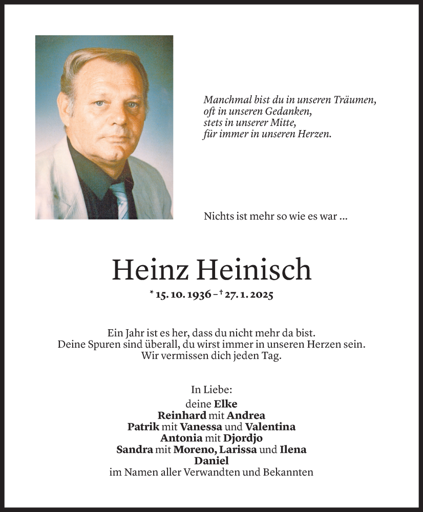  Todesanzeige für Heinz Heinisch vom 25.01.2026 aus Vorarlberger Nachrichten