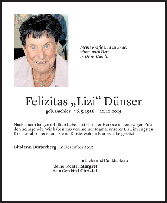 Todesanzeige von Felizitas Dünser von Vorarlberger Nachrichten