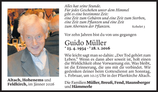 Todesanzeige von Guido Müller von Vorarlberger Nachrichten