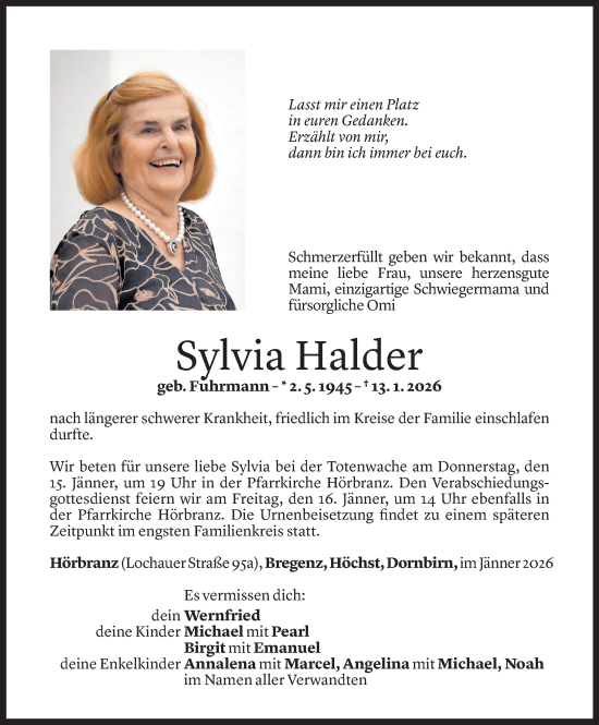 Todesanzeige von Sylvia Halder von Vorarlberger Nachrichten