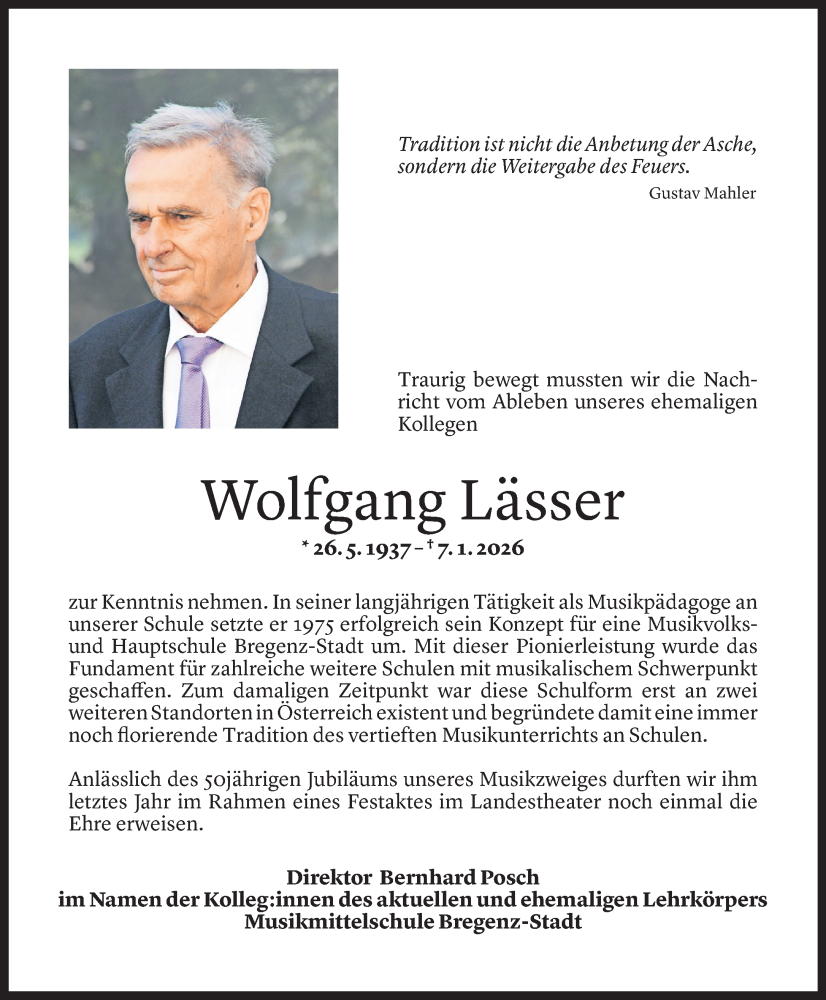  Todesanzeige für Wolfgang Lässer vom 11.01.2026 aus Vorarlberger Nachrichten