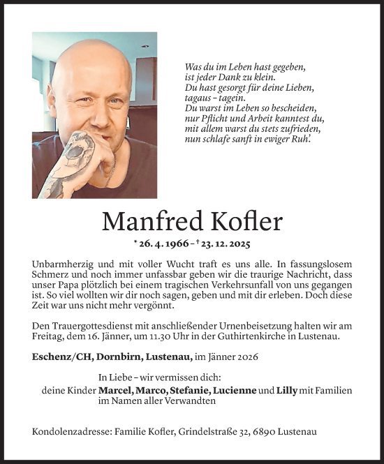 Todesanzeige von Manfred Kofler von Vorarlberger Nachrichten