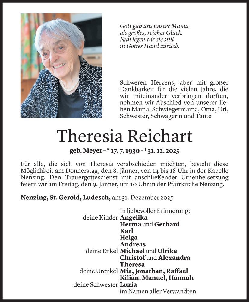  Todesanzeige für Theresia Reichart vom 02.01.2026 aus Vorarlberger Nachrichten