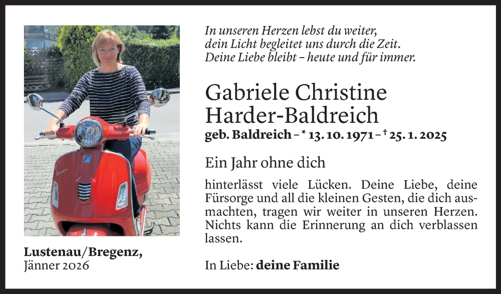  Todesanzeige für Gabriele Harder-Baldreich vom 23.01.2026 aus Vorarlberger Nachrichten