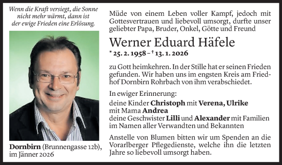 Todesanzeige von Werner Häfele von Vorarlberger Nachrichten