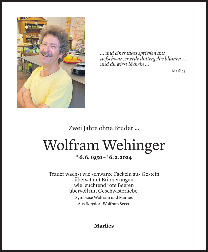  Todesanzeige für Wolfram Wehinger vom 05.02.2026 aus Vorarlberger Nachrichten