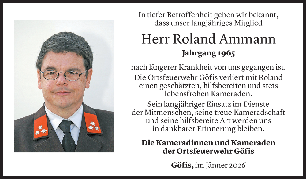  Todesanzeige für Roland Ammann vom 12.01.2026 aus Vorarlberger Nachrichten