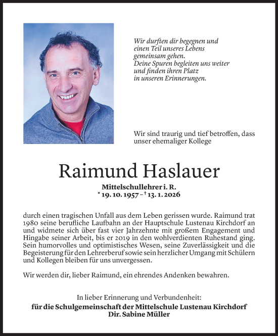Todesanzeige von Raimund Martin Haslauer von Vorarlberger Nachrichten
