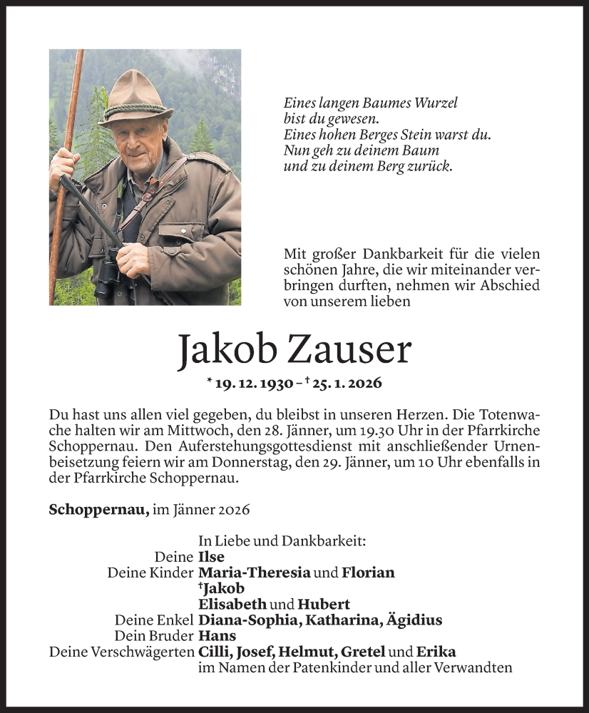  Todesanzeige für Jakob Zauser vom 26.01.2026 aus Vorarlberger Nachrichten