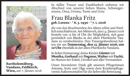 Todesanzeige von Blanka Fritz von Vorarlberger Nachrichten