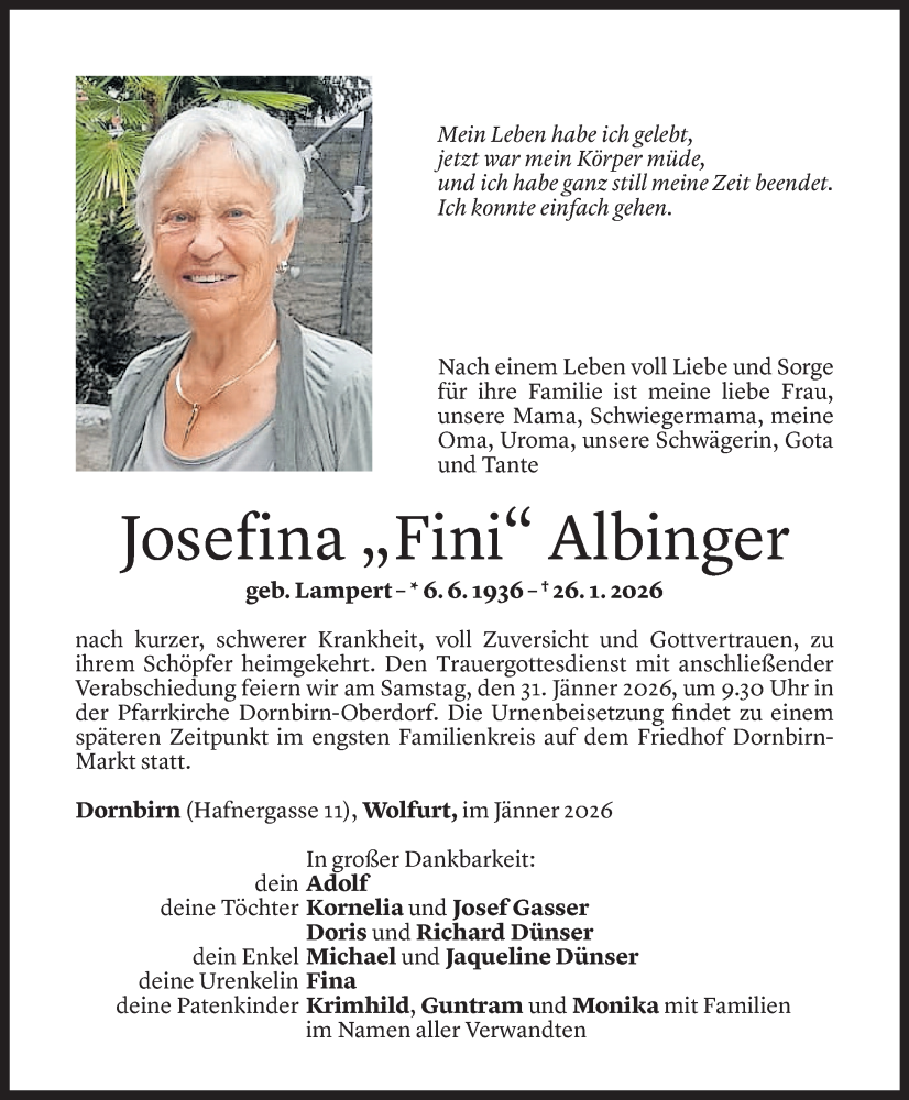  Todesanzeige für Josefina Albinger vom 27.01.2026 aus Vorarlberger Nachrichten