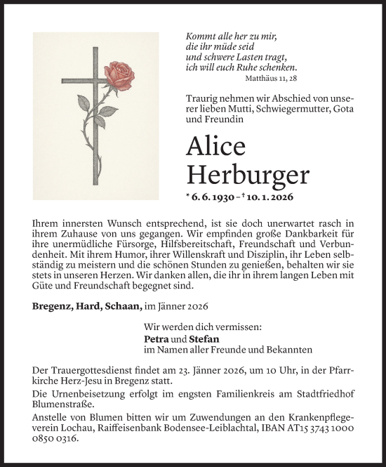Todesanzeige von Alice Herburger von Vorarlberger Nachrichten