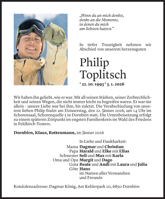Todesanzeige von Philip Toplitsch von Vorarlberger nachrichten