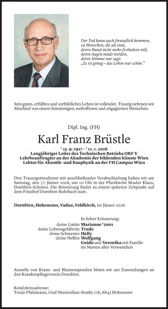 Todesanzeige von Karl Franz Brüstle von Vorarlberger Nachrichten