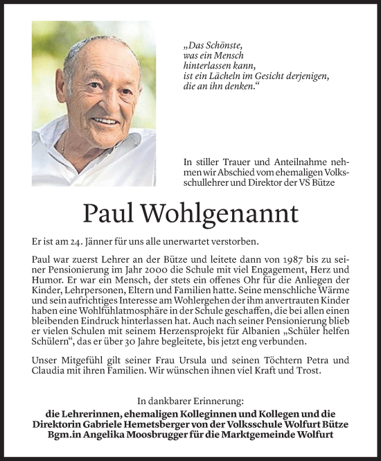 Todesanzeige von Paul Wohlgenannt von Vorarlberger Nachrichten