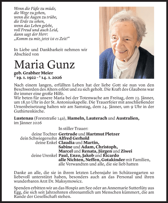 Todesanzeige von Maria Gunz von Vorarlberger Nachrichten