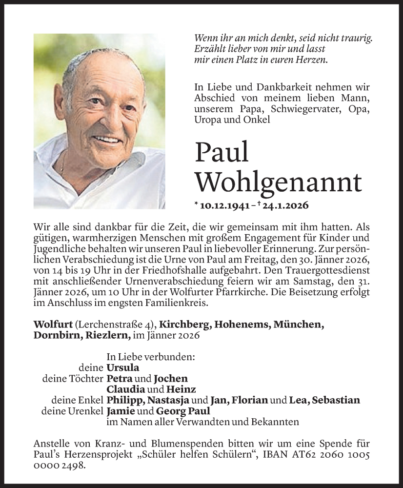  Todesanzeige für Paul Wohlgenannt vom 27.01.2026 aus Vorarlberger Nachrichten