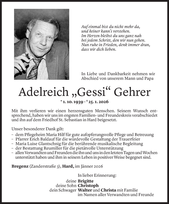 Todesanzeige von Adelreich Gehrer von Vorarlberger Nachrichten