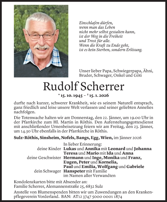 Todesanzeige von Rudolf Scherrer von Vorarlberger Nachrichten