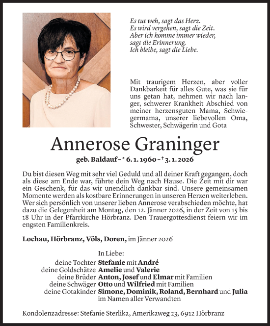 Todesanzeige von Annerose Graninger von Vorarlberger Nachrichten
