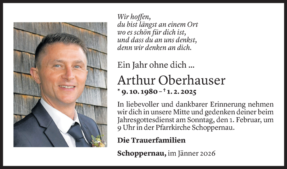  Todesanzeige für Arthur Oberhauser vom 28.01.2026 aus Vorarlberger Nachrichten