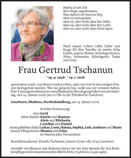 Todesanzeige von Gertrud Tschanun von Vorarlberger Nachrichten