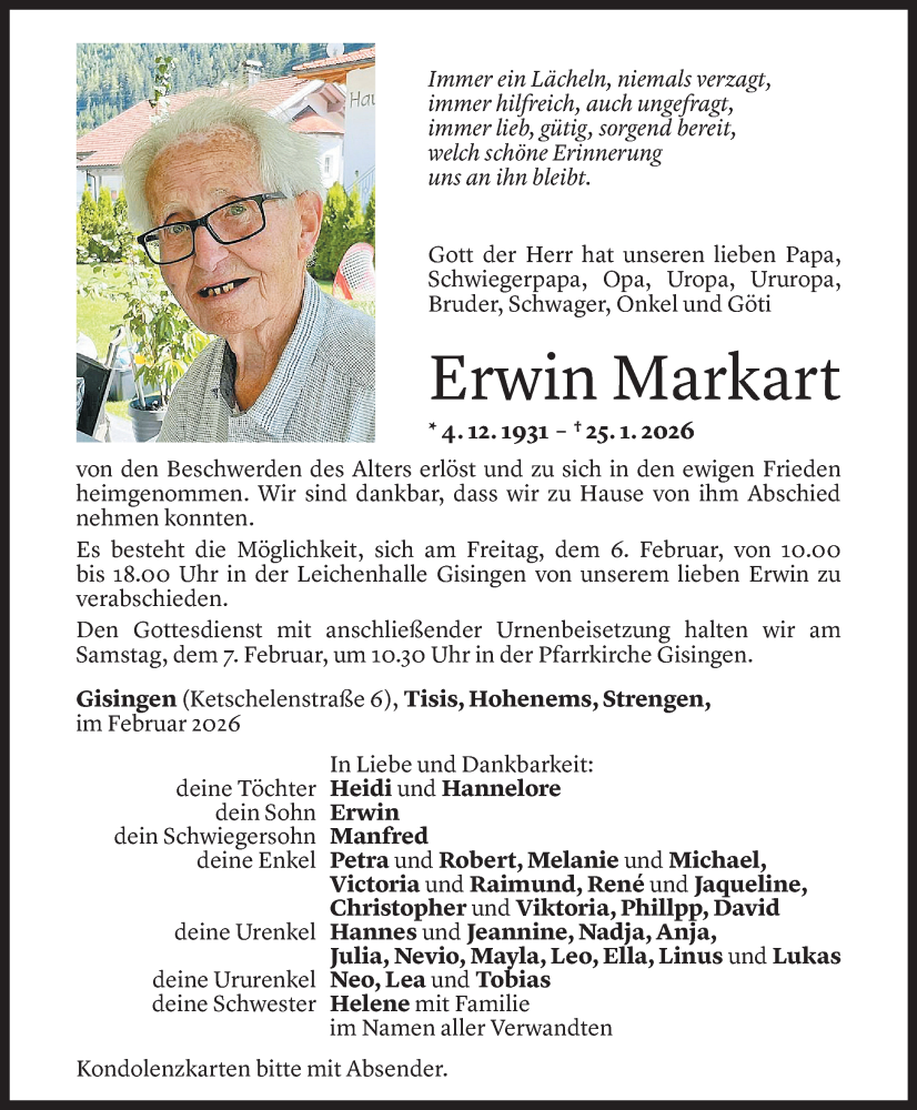  Todesanzeige für Erwin Markart vom 02.02.2026 aus Vorarlberger Nachrichten