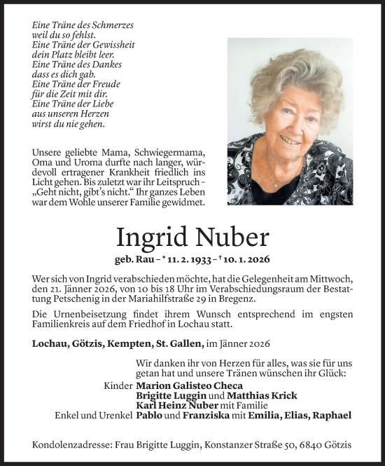 Todesanzeige von Ingrid Nuber von Vorarlberger Nachrichten