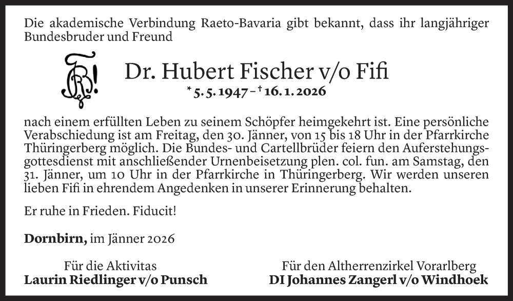  Todesanzeige für Hubert Fischer vom 27.01.2026 aus Vorarlberger Nachrichten