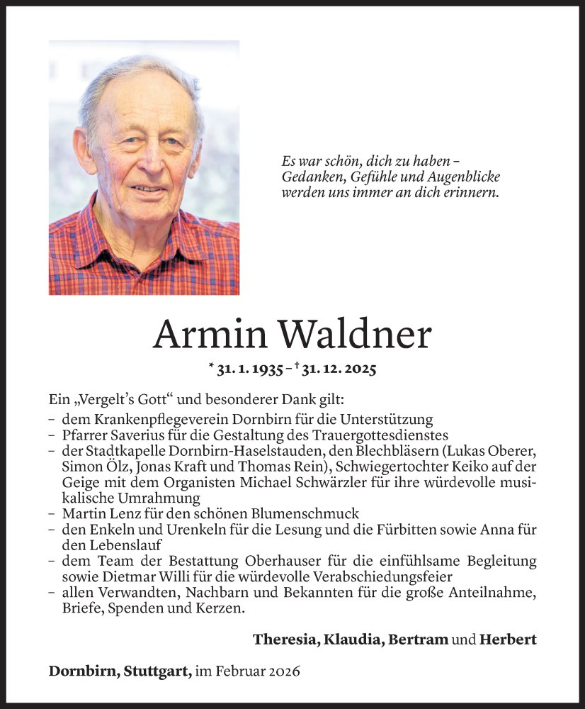  Todesanzeige für Armin Waldner vom 02.02.2026 aus Vorarlberger Nachrichten