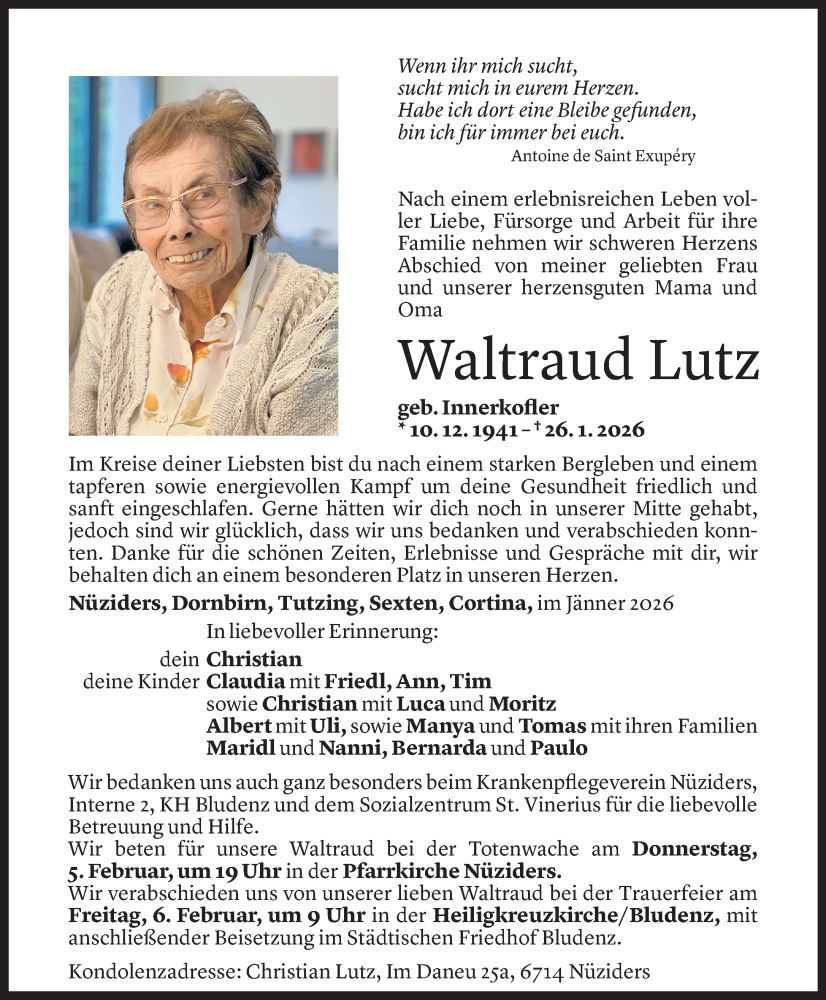  Todesanzeige für Waltraud Lutz vom 30.01.2026 aus Vorarlberger Nachrichten