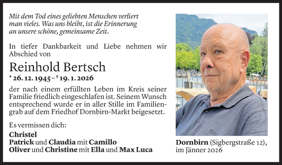 Todesanzeige von Reinhold Bertsch von Vorarlberger Nachrichten