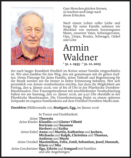 Todesanzeige von Armin Waldner von Vorarlberger Nachrichten
