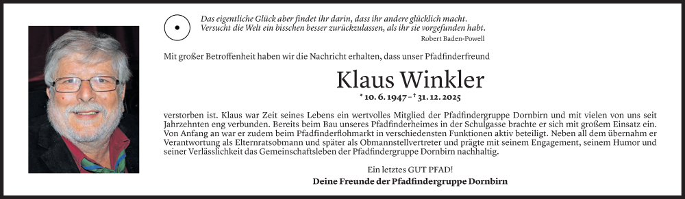  Todesanzeige für Klaus Winkler vom 06.01.2026 aus Vorarlberger nachrichten