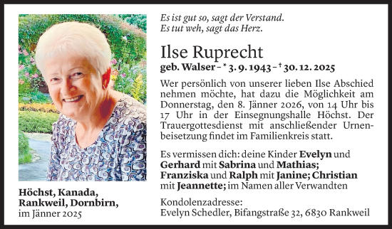 Todesanzeige von Ilse Ruprecht von Vorarlberger Nachrichten