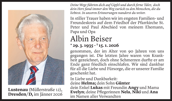 Todesanzeige von Albin Beiser von Vorarlberger Nachrichten