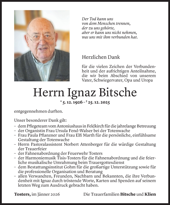 Todesanzeige von Ignaz Bitsche von Vorarlberger Nachrichten